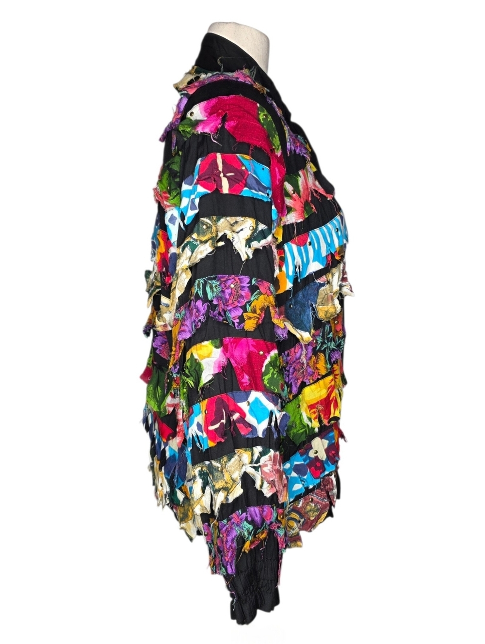 Vintage 90s Carina Patchwork Jacket XL Boho Frayed Floral Zip Art - Picture 4 of 10
